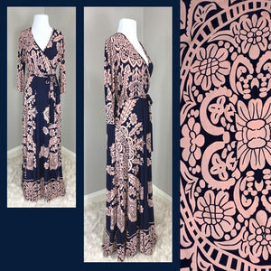 Pink Navy Surplice CrossOver Boho Maxi Dress Long Sleeve Mandala Print LRG Tall